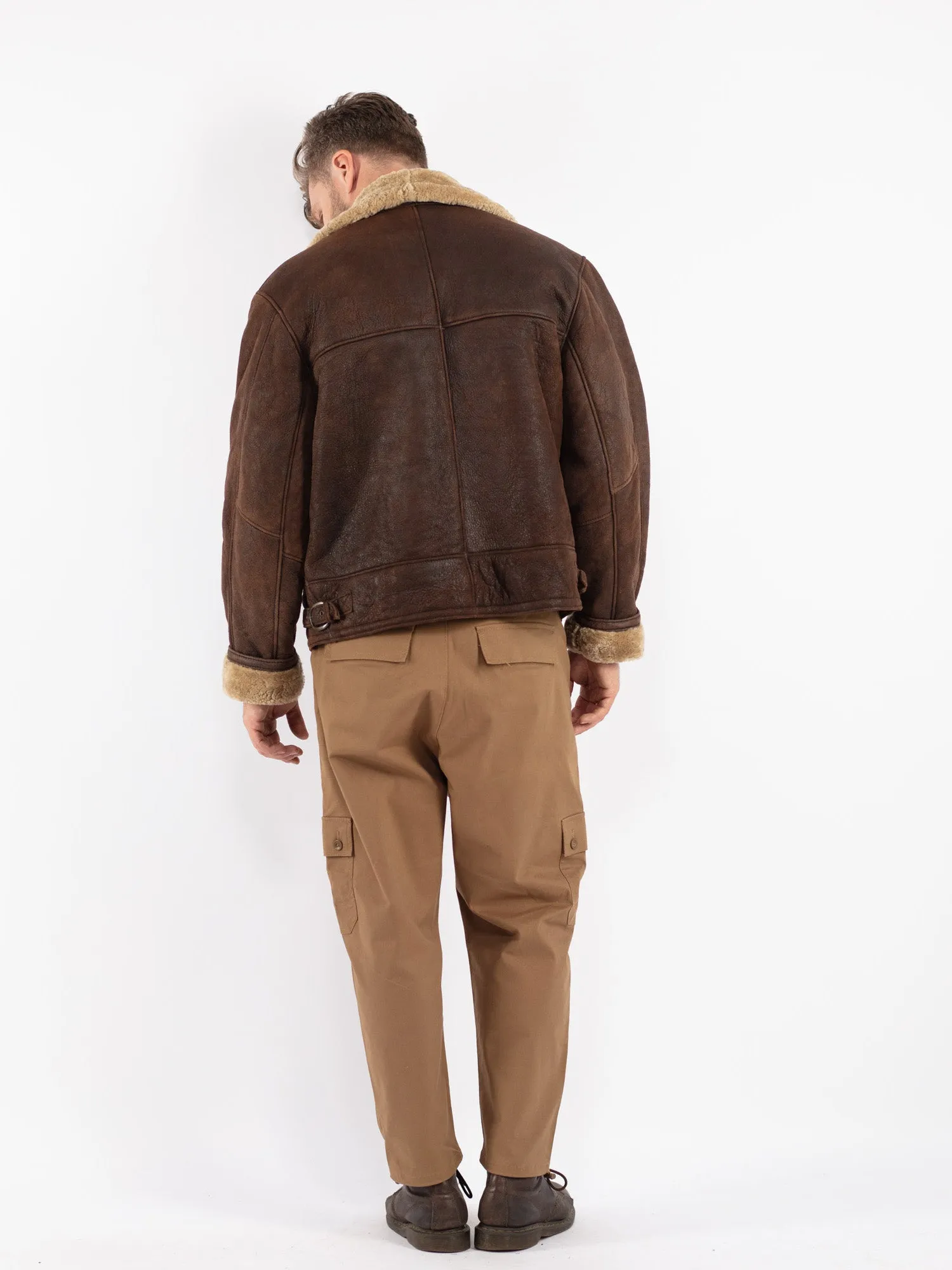 Vintage 80's Men Sheepskin Pilot Bomber Jacket in Brown