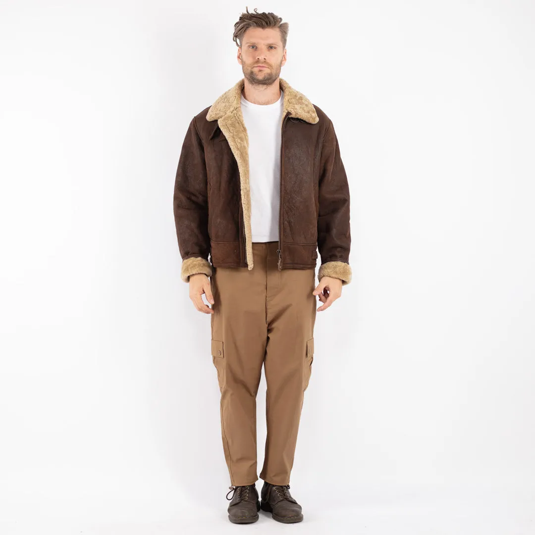 Vintage 80's Men Sheepskin Pilot Bomber Jacket in Brown