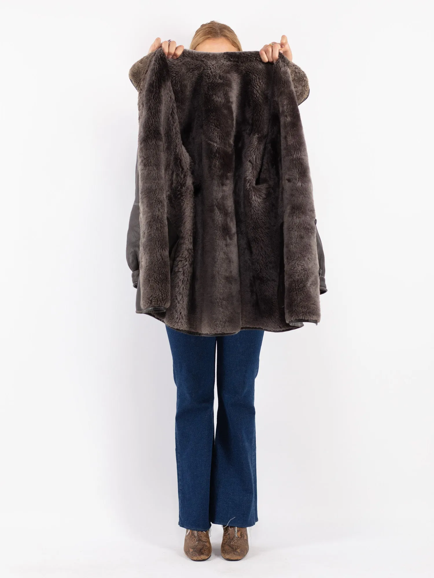 Vintage 80's Women Sheepskin Shearling Coat in Gray