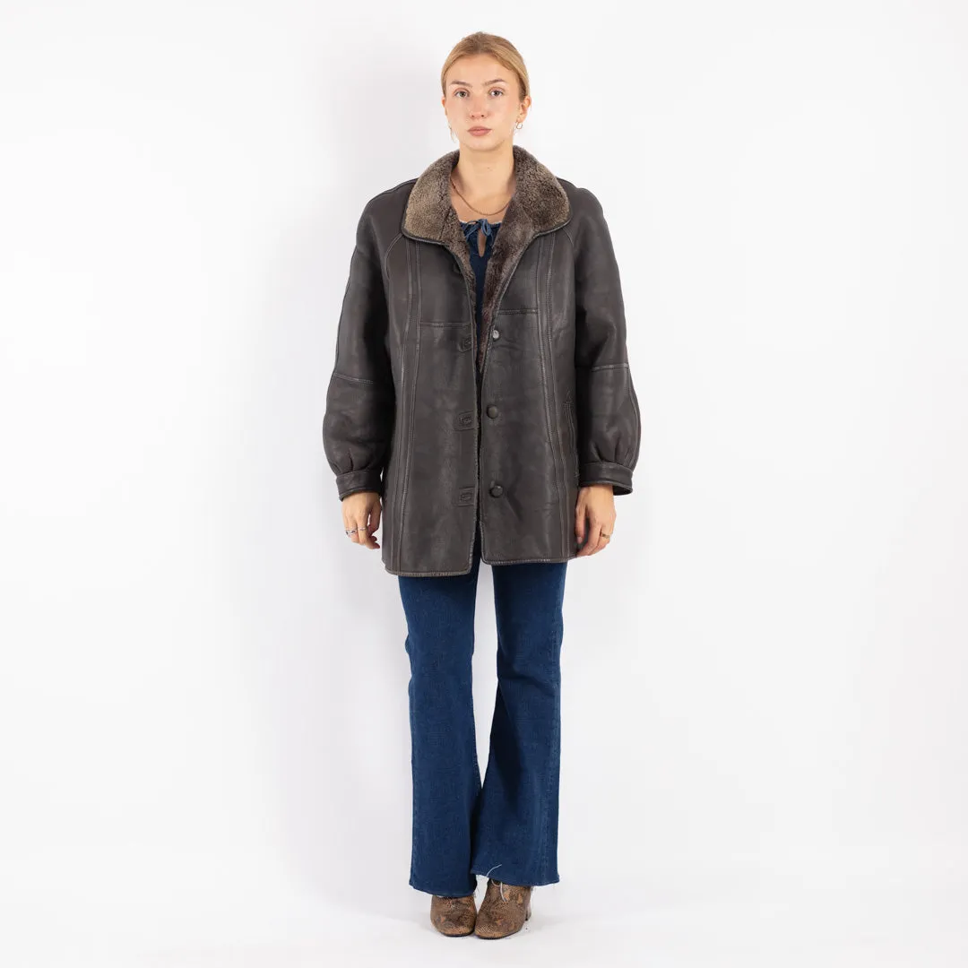 Vintage 80's Women Sheepskin Shearling Coat in Gray