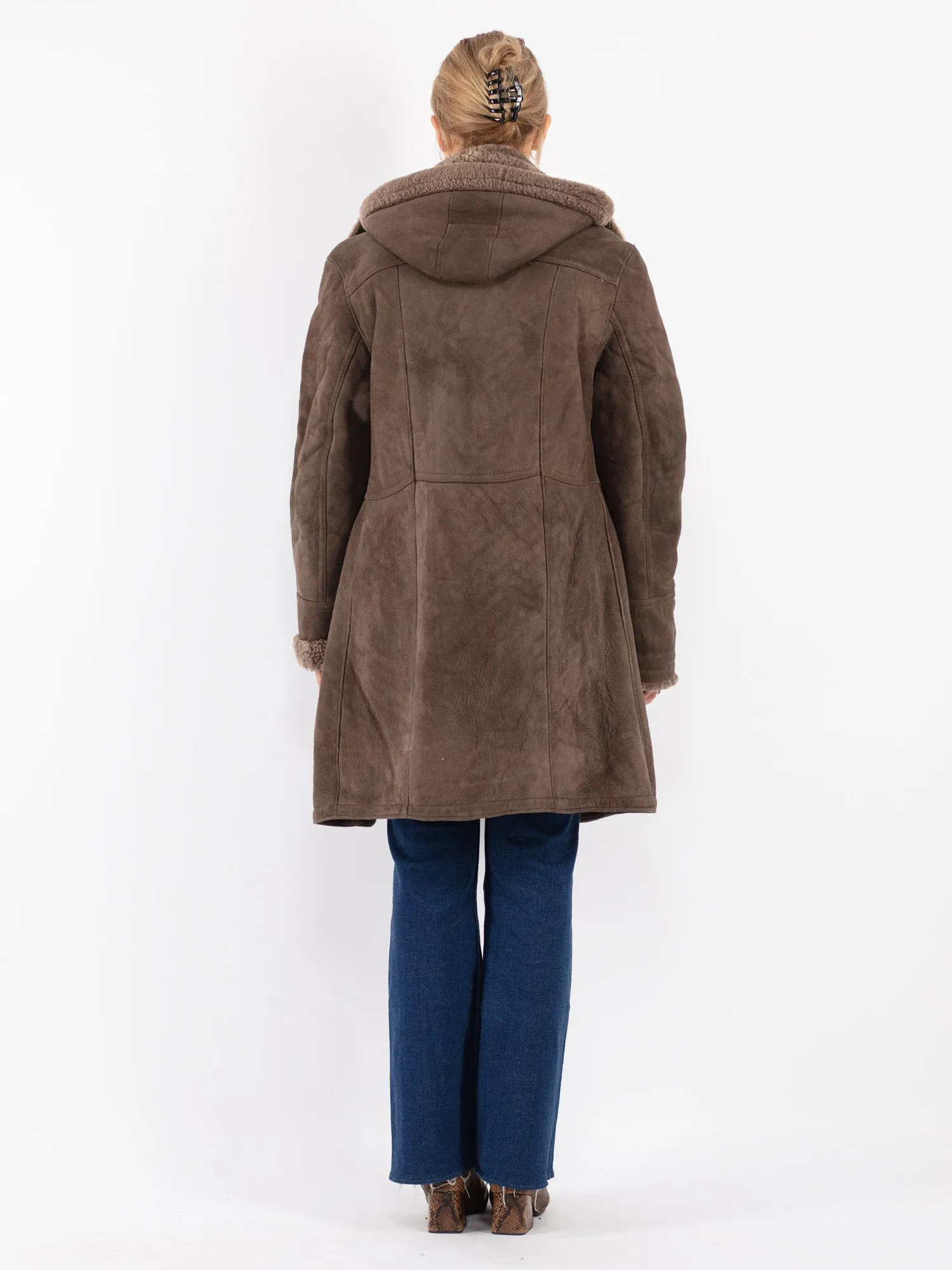 Vintage 90's Women Hooded Sheepskin Coat in Brown