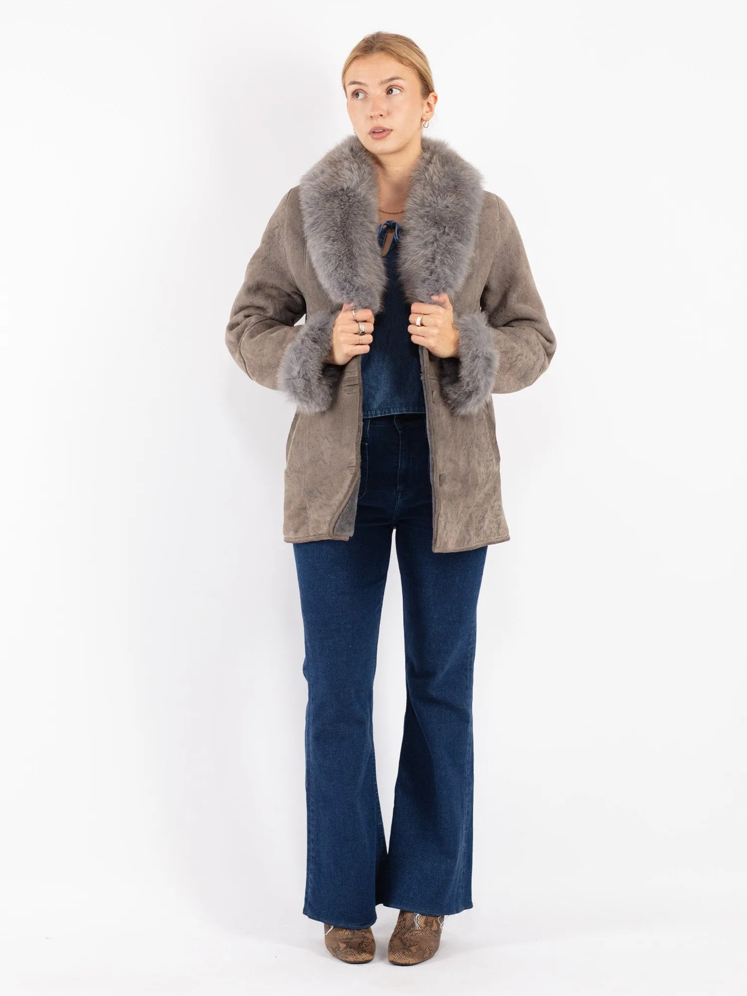 Vintage 90's Women Penny Lane Sheepskin Coat in Gray