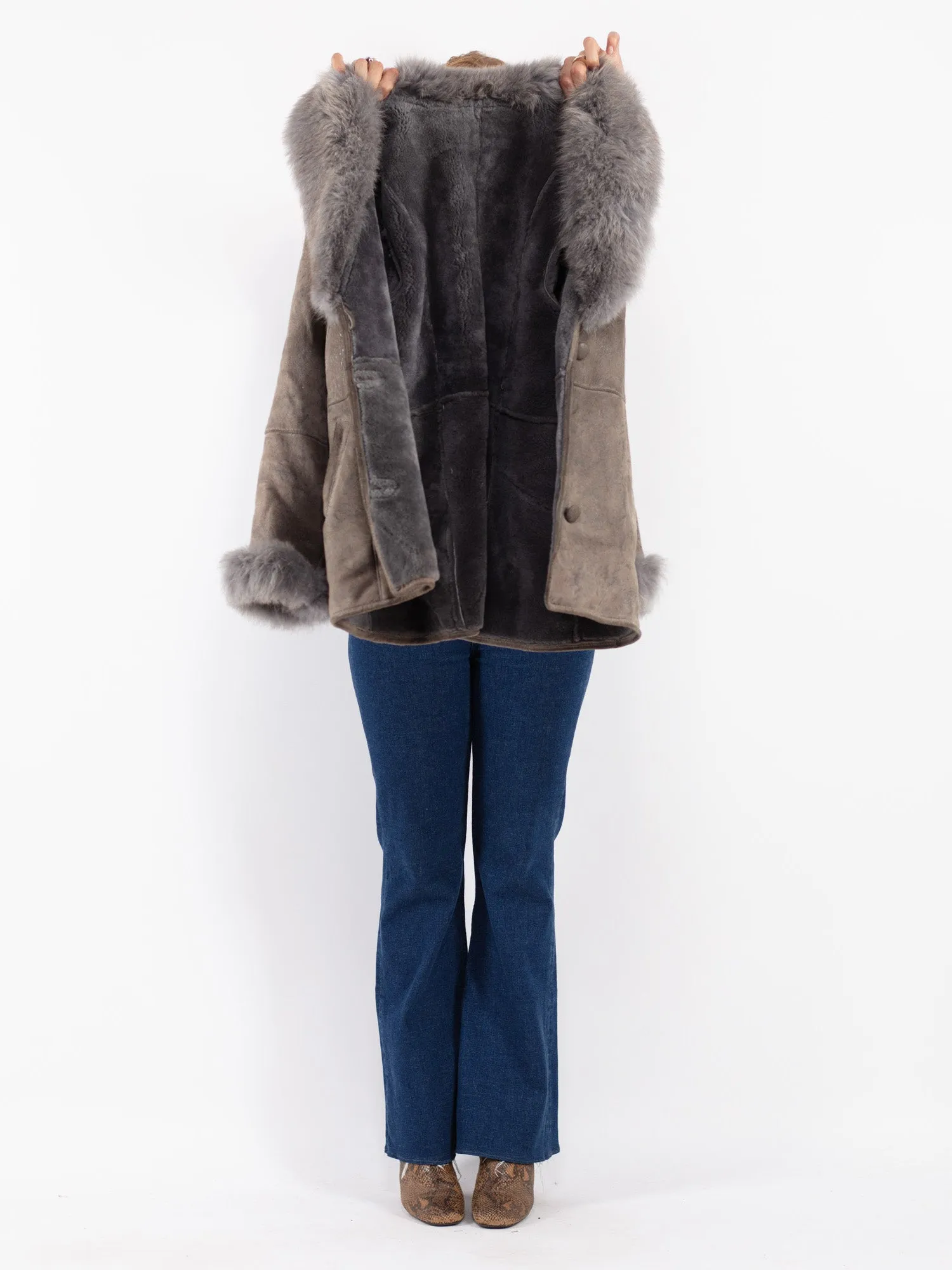 Vintage 90's Women Penny Lane Sheepskin Coat in Gray