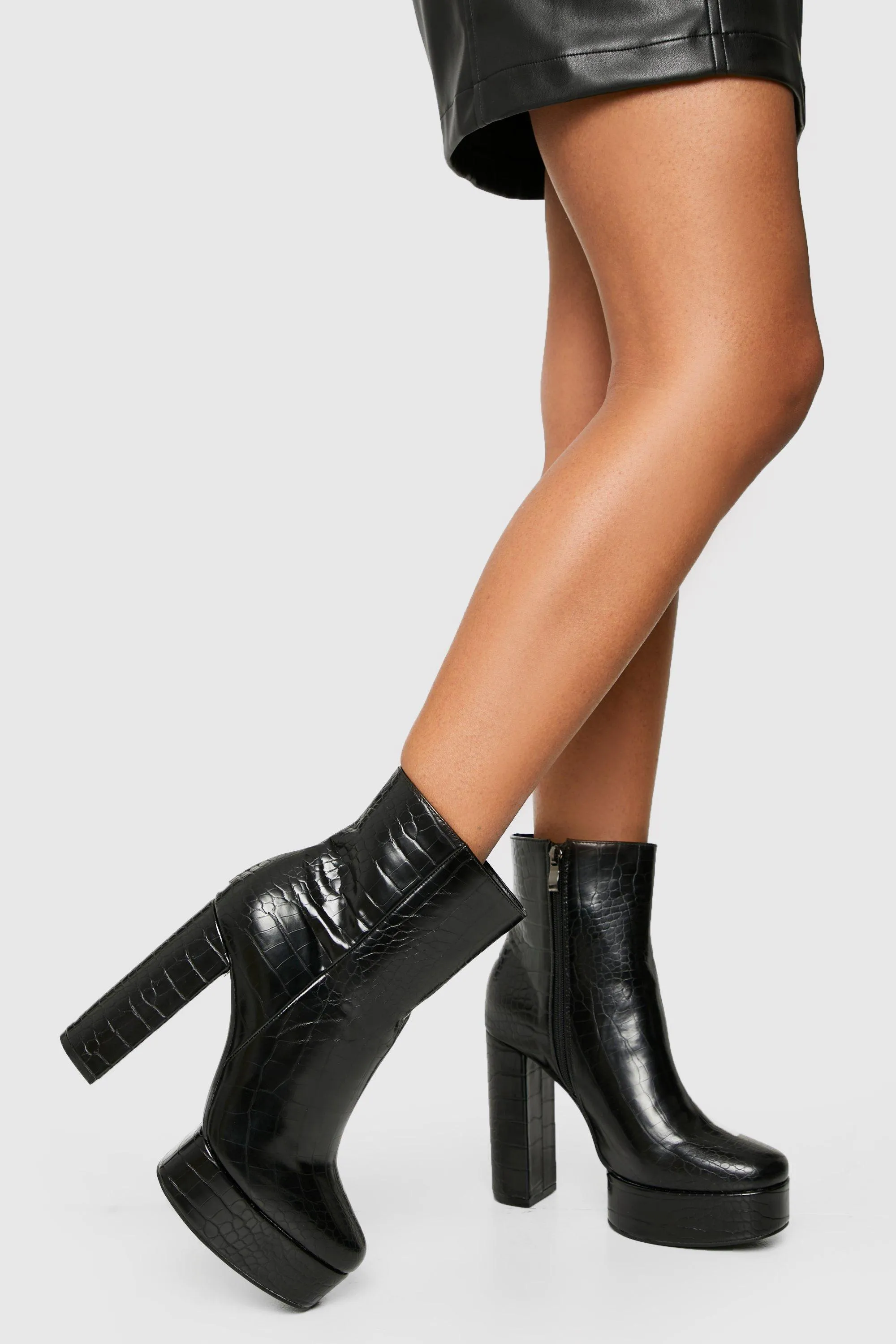 Wide Width Croc Platform Heeled Ankle Boots