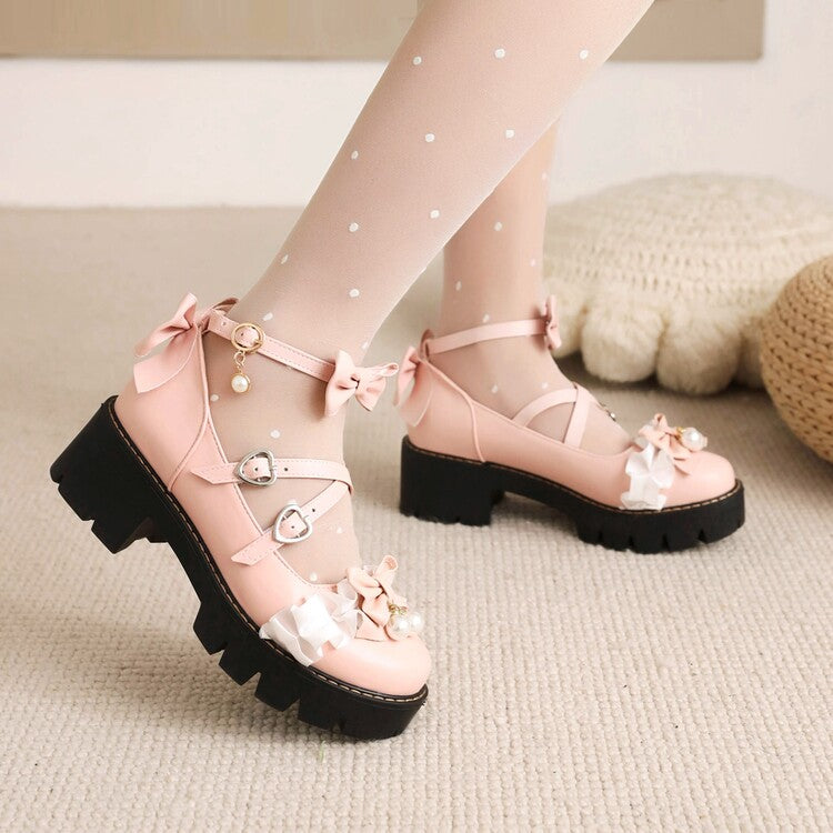 Women's Lace Bow Pearls Block Heel Platform Pumps