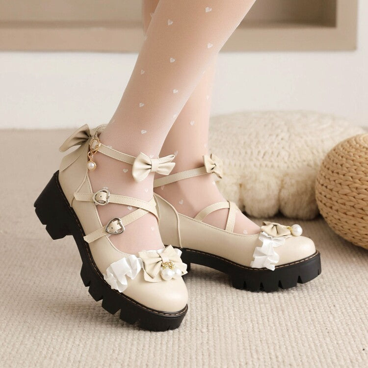 Women's Lace Bow Pearls Block Heel Platform Pumps