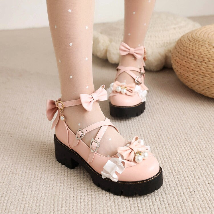 Women's Lace Bow Pearls Block Heel Platform Pumps