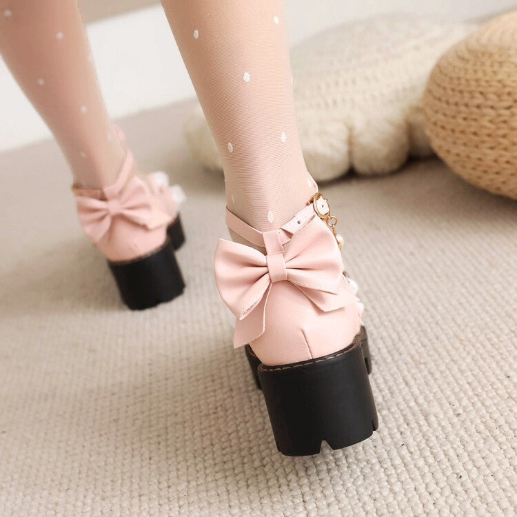 Women's Lace Bow Pearls Block Heel Platform Pumps