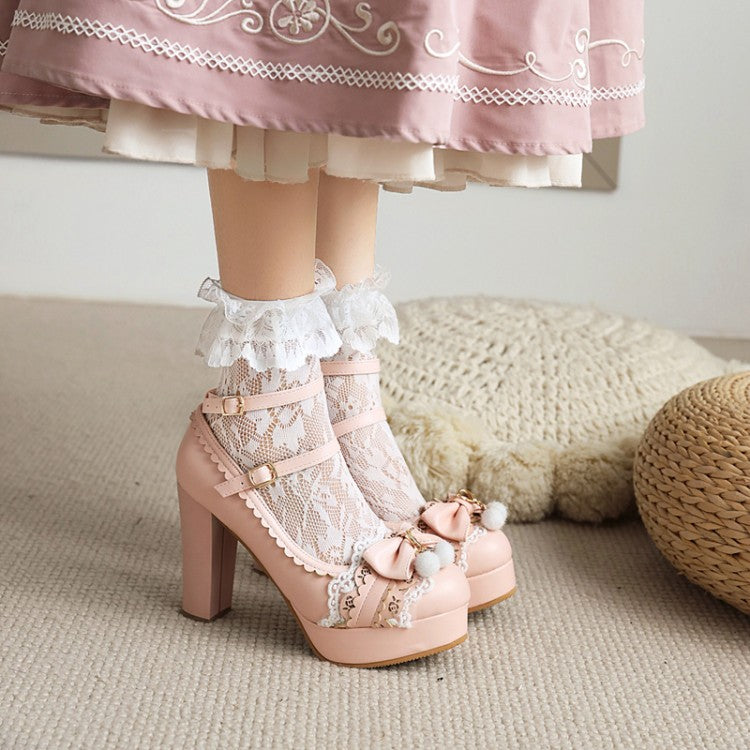 Women's Lolita Bow Tie Almond Toe Lace Ankle Strap Chunky Heel Platform Pumps