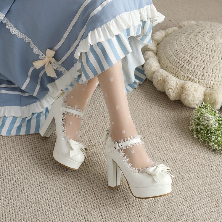 Women's Lolita Bow Tie Almond Toe Lace Mary Janes Chunky Heel Platform Pumps