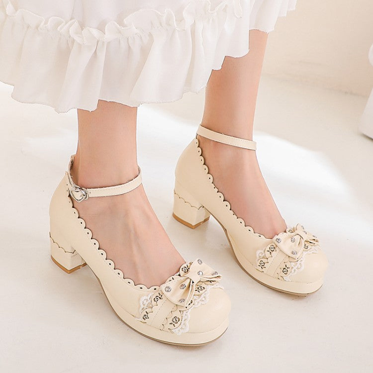 Women's Lolita Carved Bow Tie Block Chunky Heel Platform Pumps