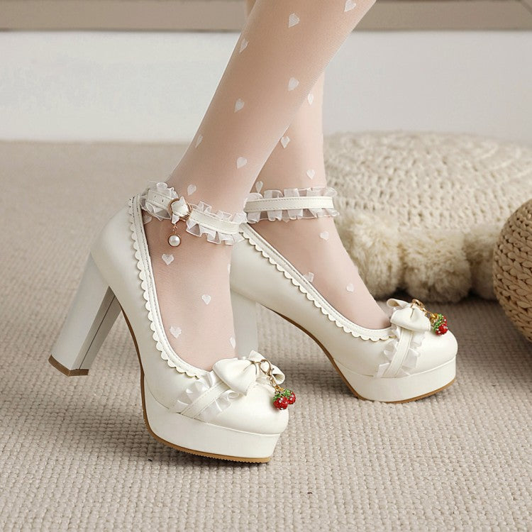 Women's Lolita Lace Pearls Bow Tie Chunky Heel Platform Pumps