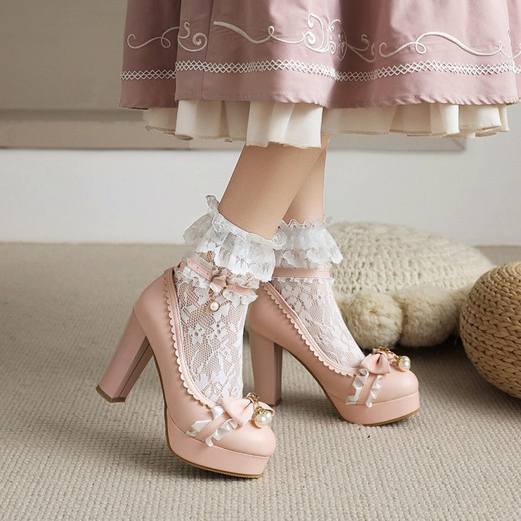 Women's Lolita Lace Pearls Bow Tie Chunky Heel Platform Pumps