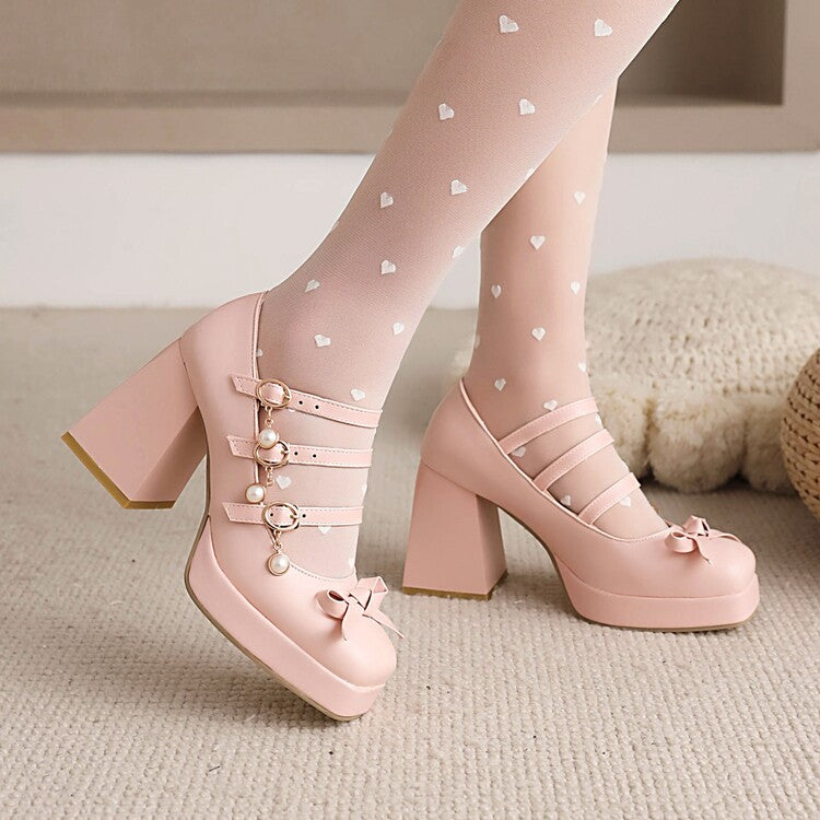 Women's Square Toe Bow Tie Pearls Block Heel Platform Pumps