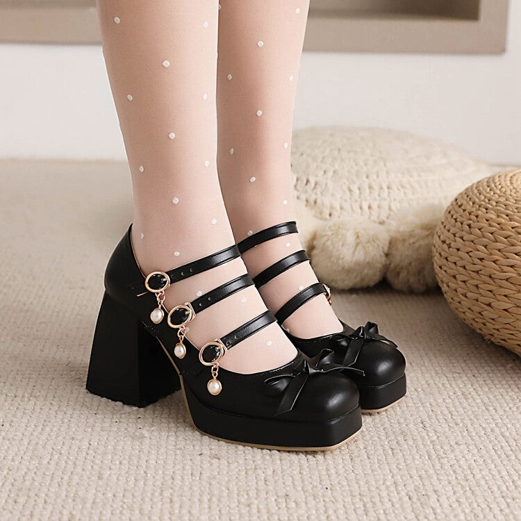 Women's Square Toe Bow Tie Pearls Block Heel Platform Pumps