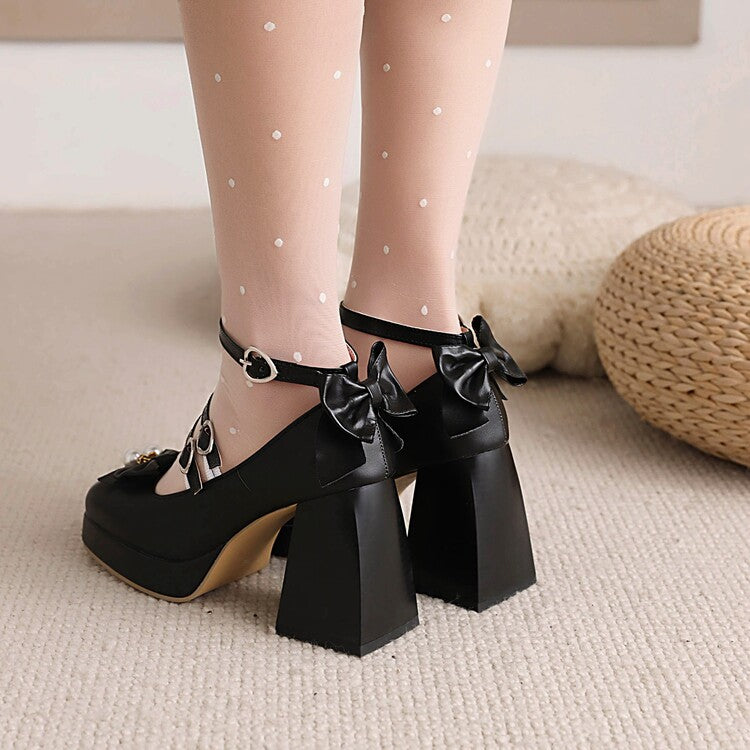 Women's Square Toe Bow Tie Pearls Chunky Heel Platform Pumps