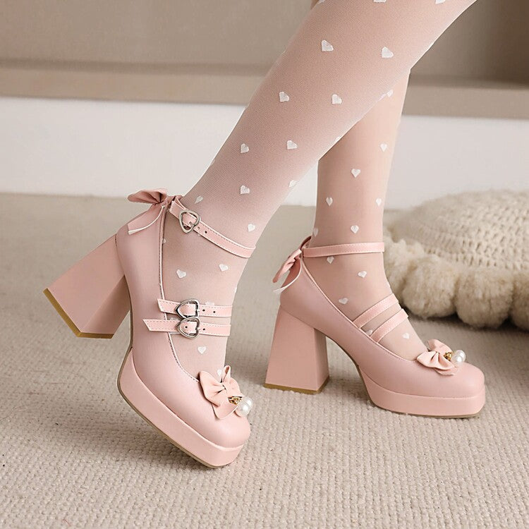 Women's Square Toe Bow Tie Pearls Chunky Heel Platform Pumps