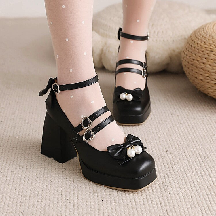 Women's Square Toe Bow Tie Pearls Chunky Heel Platform Pumps