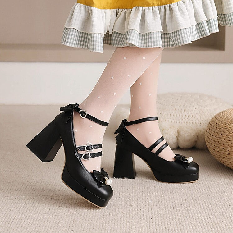 Women's Square Toe Bow Tie Pearls Chunky Heel Platform Pumps