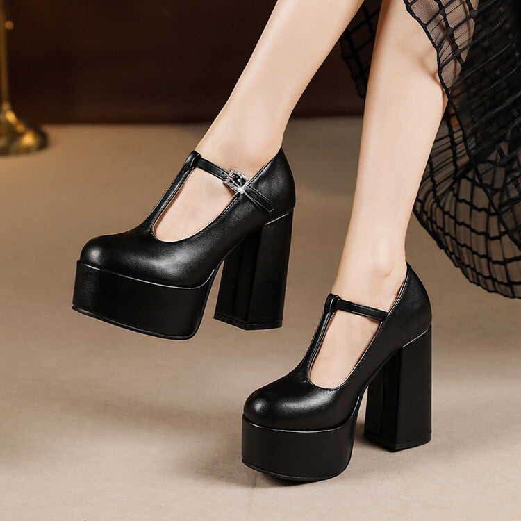 Women's T Strap Rhinestone Buckle Chunky Heel Platform Pumps